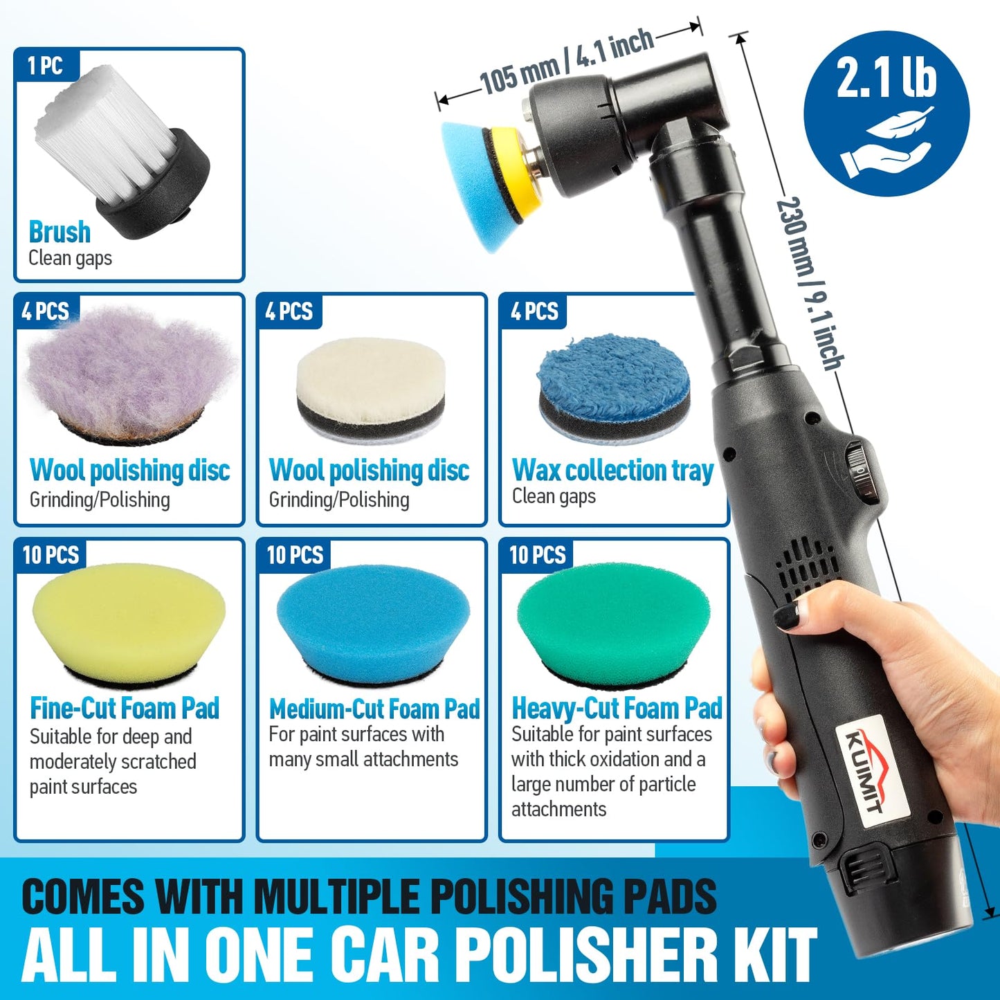 KUIMIT Cordless Mini Car Polisher, 12V Micro Cordless Scratches Killer Car Polisher RO/DA Mini Car Polisherwith 5 Variable Speeds 2500-6000RPM & 2x2.0Ah Batteries for polishing, Sanding and C - WoodArtSupply