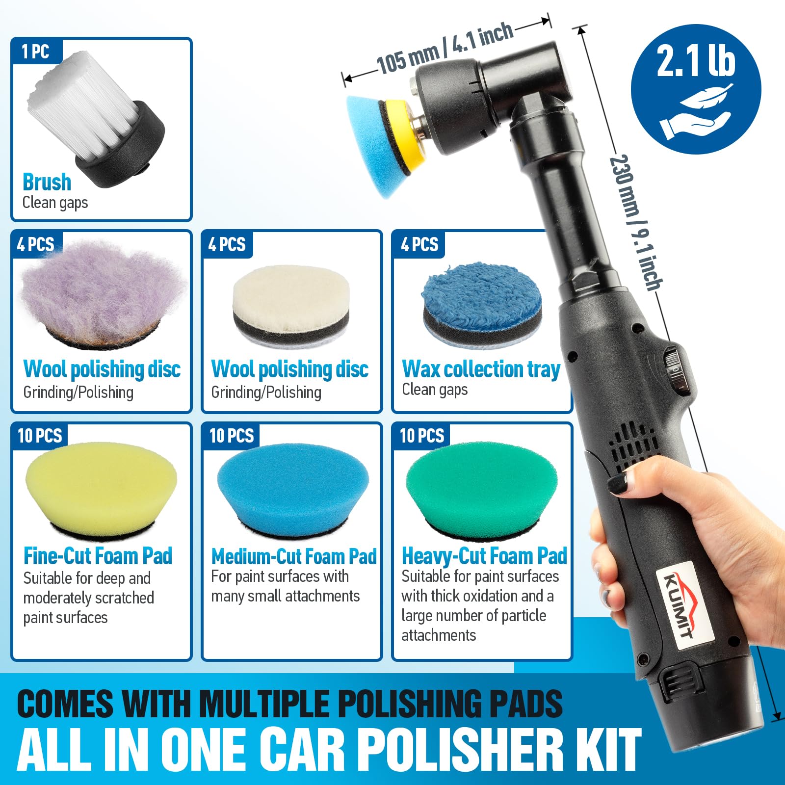 KUIMIT Cordless Mini Car Polisher, 12V Micro Cordless Scratches Killer Car Polisher RO/DA Mini Car Polisherwith 5 Variable Speeds 2500-6000RPM & 2x2.0Ah Batteries for polishing, Sanding and C - WoodArtSupply