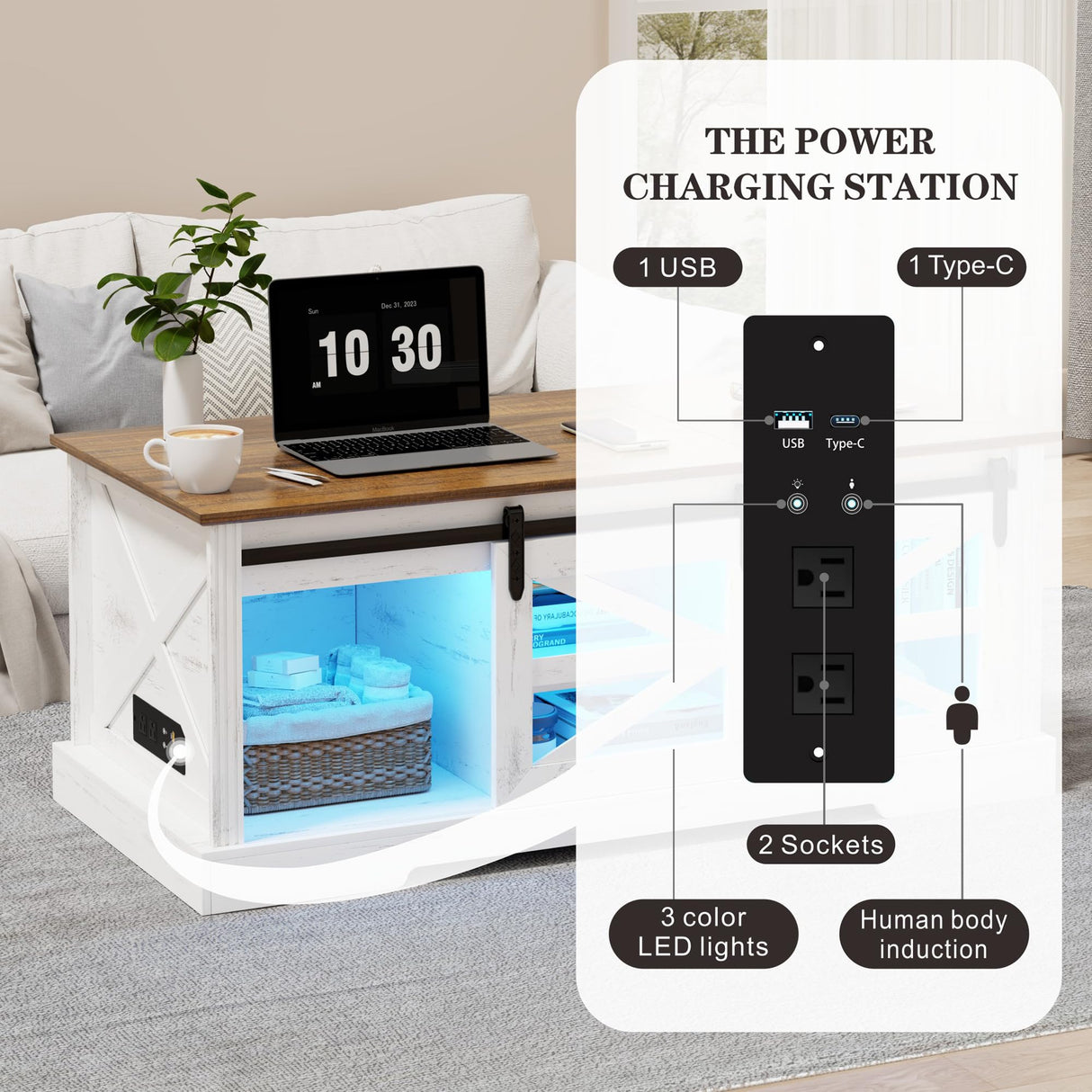 Farmhouse Coffee Table, Lift Top Coffee Table with Gun Cabinet, 2 Sliding Barn Doors-Large Storage and 3 Color LED Lights fit Modern Rectangular Rustic Living Room Center Table,White FREDEES