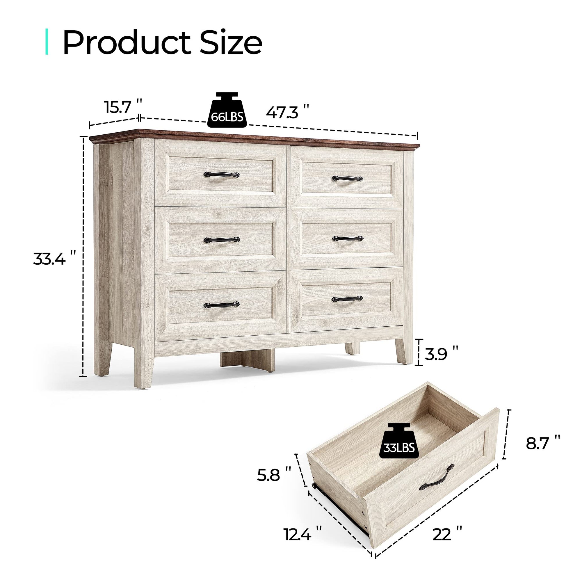 LINSY HOME Farmhouse 6 Drawers Dresser, White Wood Dresser for Bedroom Wide Chest of Drawers, French Country Storage Double Dressers Organizer for Bedroom, Living Room - WoodArtSupply