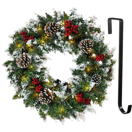 Christmas Wreath,Flocked with Mixed Decorations and 50 LED Light,Christmas Wreaths for Front Door Indoor Window Wall Décor, Outdoor Christmas Decorations(18 inch Battery Not Included) kilomon