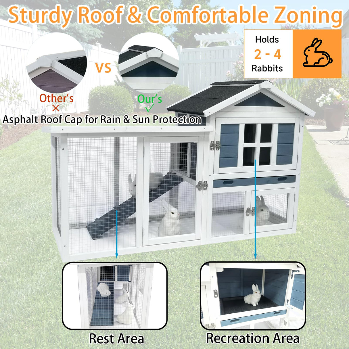 RUNSHED Rabbit Hutch 2-Story Bunny Cage Small Animal House for Indoor Outdoor Wooden Rabbit Cage with No Leak Tray Waterproof Roof (56.8" L x 22.5" W x 34.7" H, Grey Blue&White) RUNSHED