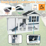 RUNSHED Rabbit Hutch 2-Story Bunny Cage Small Animal House for Indoor Outdoor Wooden Rabbit Cage with No Leak Tray Waterproof Roof (56.8" L x 22.5" W x 34.7" H, Grey Blue&White) RUNSHED