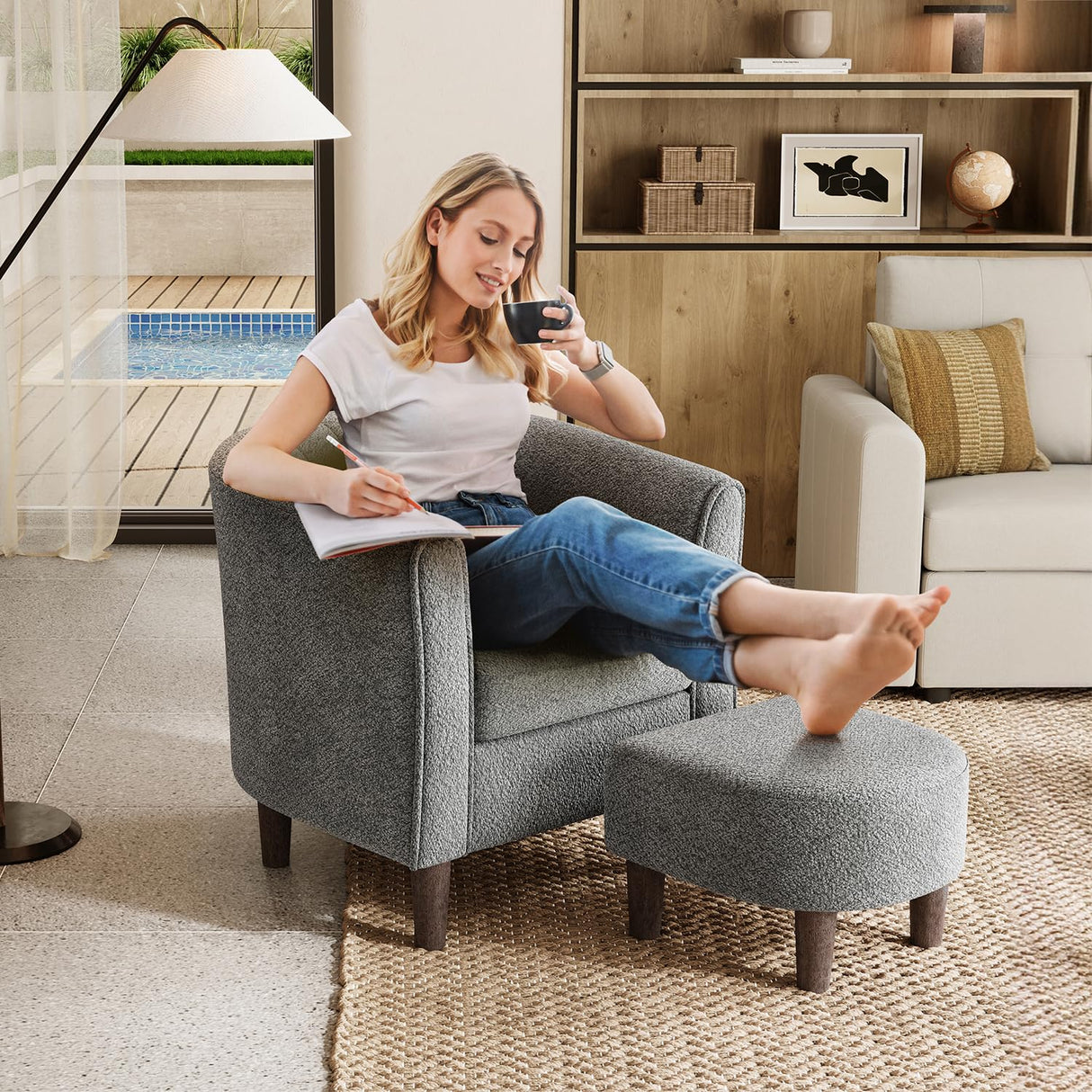 LINSY Accent Chair Ottoman Set: Chenille Barrel Chair with Foot Rest, Mid-Century Modern Small Reading Chair Upholstered Armchair with Footrest for Living Room Bedroom Study Room Office LINSY