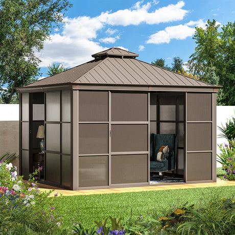 EROMMY 10' x 12' Sunroom, All-Season Gazebo Solarium with Galvanized Steel Roof, Aluminum Frame, Outdoor Permanent Sun Room with Sliding Doors, Lockable PC Screen Walls, for Garden, Patio, Deck, Lawns EROMMY