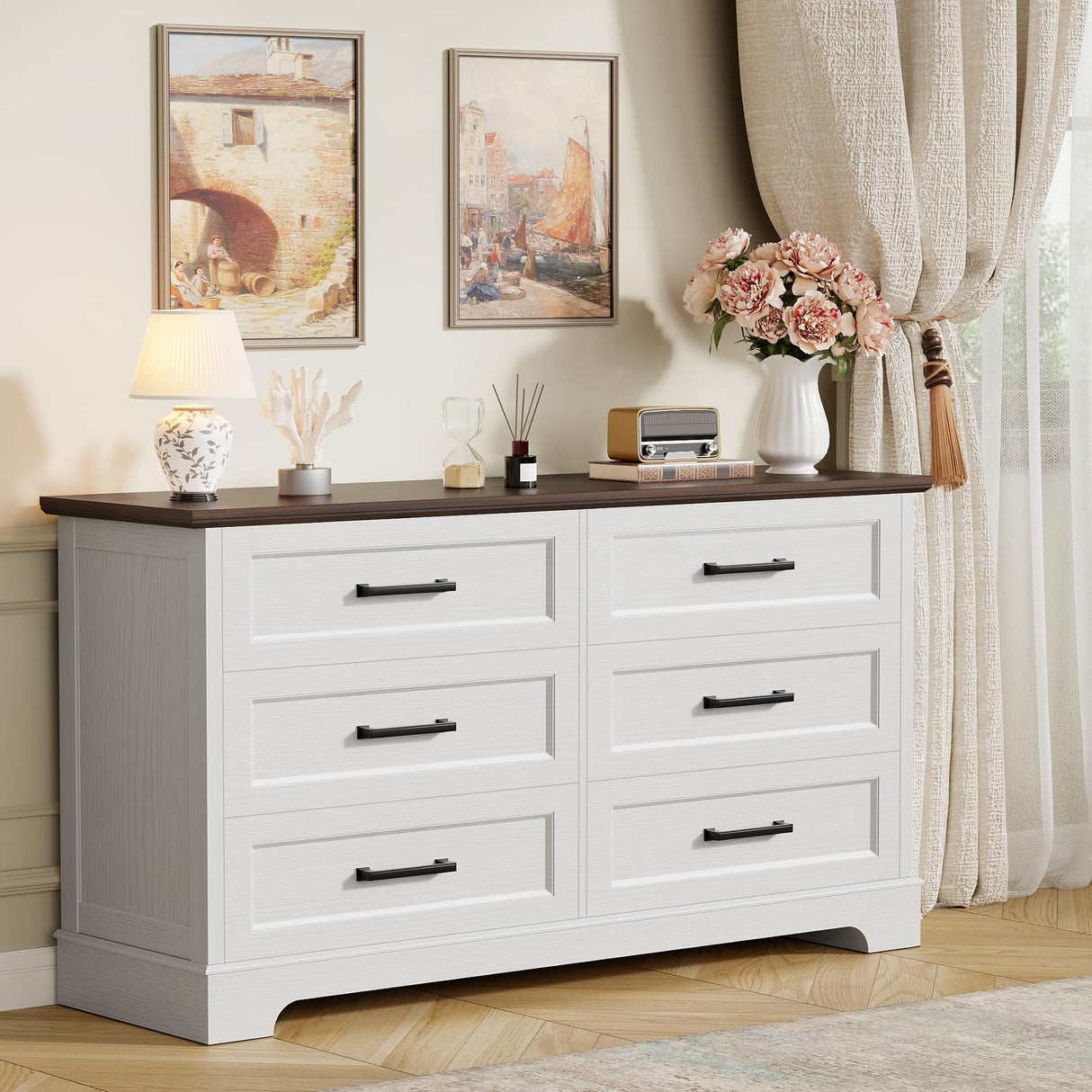 Furmax Farmhouse Dresser for Bedroom, 6 Drawers Dresser, Wood Chest of Drawers, 52" Wide Storage Dressers Organizer for Bedroom, Living Room, White and Brown Furmax