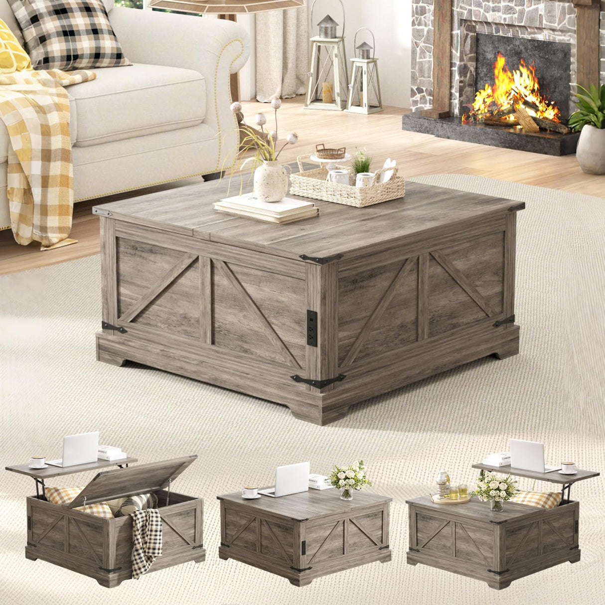 Vabches 31.5" Lift Top Coffee Table with Storage, Farmhouse Square Coffee Tables for Living Room, Center Table with Charging Station and Hidden Space, Grey Vabches