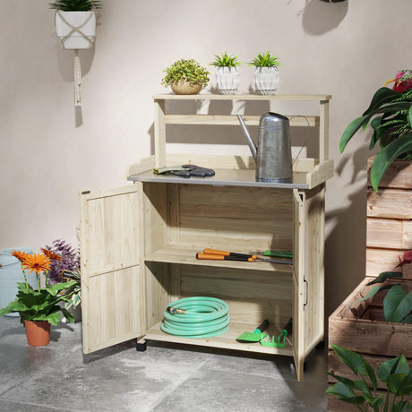 Outsunny Potting Bench, Outdoor Wooden Potting Table with Storage Cabinet with 2 Shelves, Garden Work Bench with Galvanized Plated Tabletop for Backyard, Balcony, Natural Outsunny