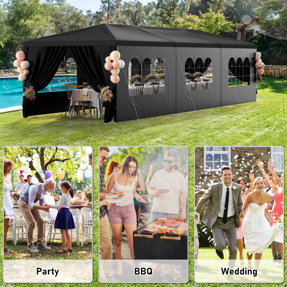 susici 10x30 Outdoor Gazebo Canopy Party Tent with 8 Removable Sidewalls & Transparent Windows,Outside Gazebo Event Tent for Weddings, Birthdays, Garden Parties, and Backyard Patio BBQ Events,Black susici