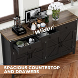 VVFLU 63" Sideboard Buffet Cabinet with Storage, Coffee Bar with 3 Drawers and 4 Barn Doors, Long Wider Storage Cabinet Modern Farmhouse, Black Wood, for Kitchen, Dining Room, Living Room VVFLU