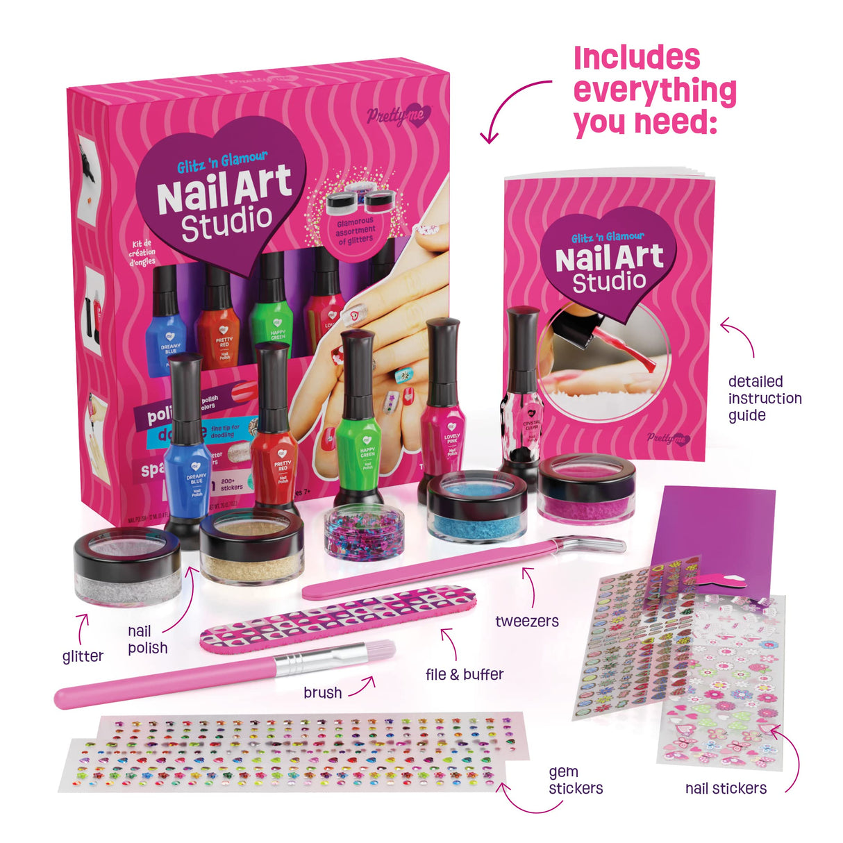 Nail Art Studio for Girls - Birthday Gift - Nail Polish Kit for Kids Ages 7-12 Years Old - Girl Gifts Ideas - Gift Set - Girly Stuff - Polish, Pens, Glitter, Stickers, Gems, Filer - 8 9 10 11 12 Year Pretty Me