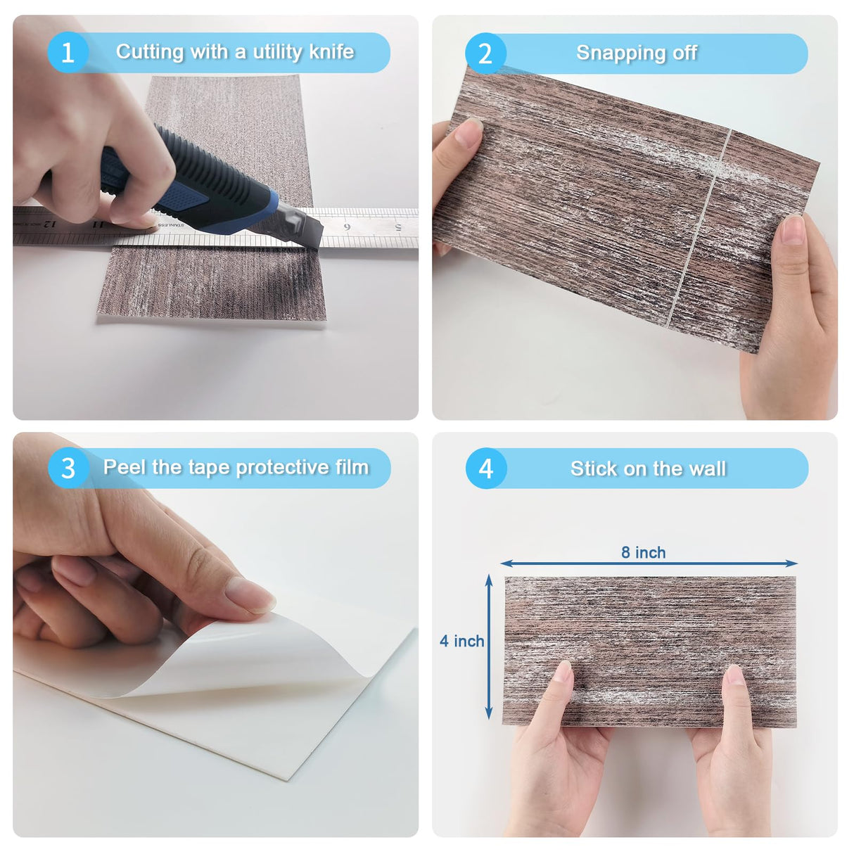 URCOLOR 32-Piece Peel and Stick Backsplash Wall Tile, 4"x 8" PVC Distressed Rustic Tan Wood Stick on Tiles for Kitchen, Bathroom, Laundry Room, Camper, Fireplace URCOLOR