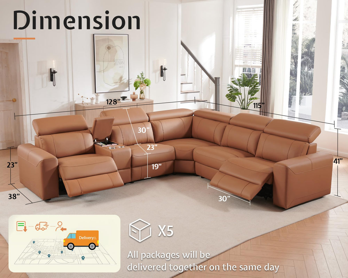 AMERLIFE Power Recliner Sofa, Electric Reclining Sofa with Console & Dual Recliner, Leather Sectional Couch for Living Room, Brown AMERLIFE