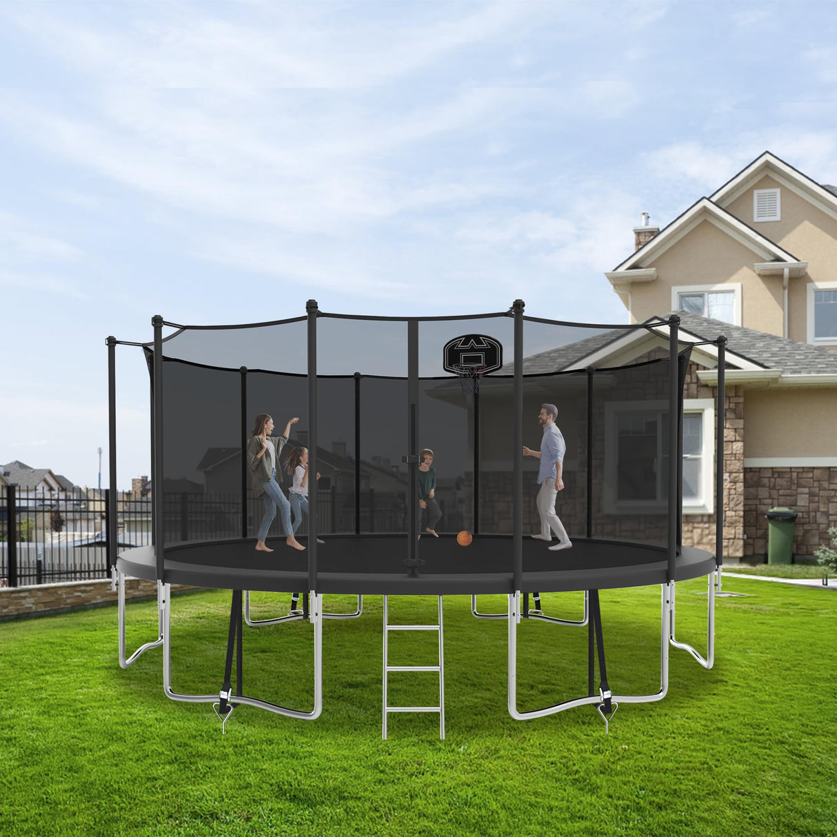 CITYLE 1500LBS 16FT Tranpoline for Kids and Adults Tranpoline with 6 Wind Stakes, Safety Enclosure Net, Basketball Hoop, Ball and Ladder, Heavy Duty Outdoor Recreational Tranpolines, Black CITYLE