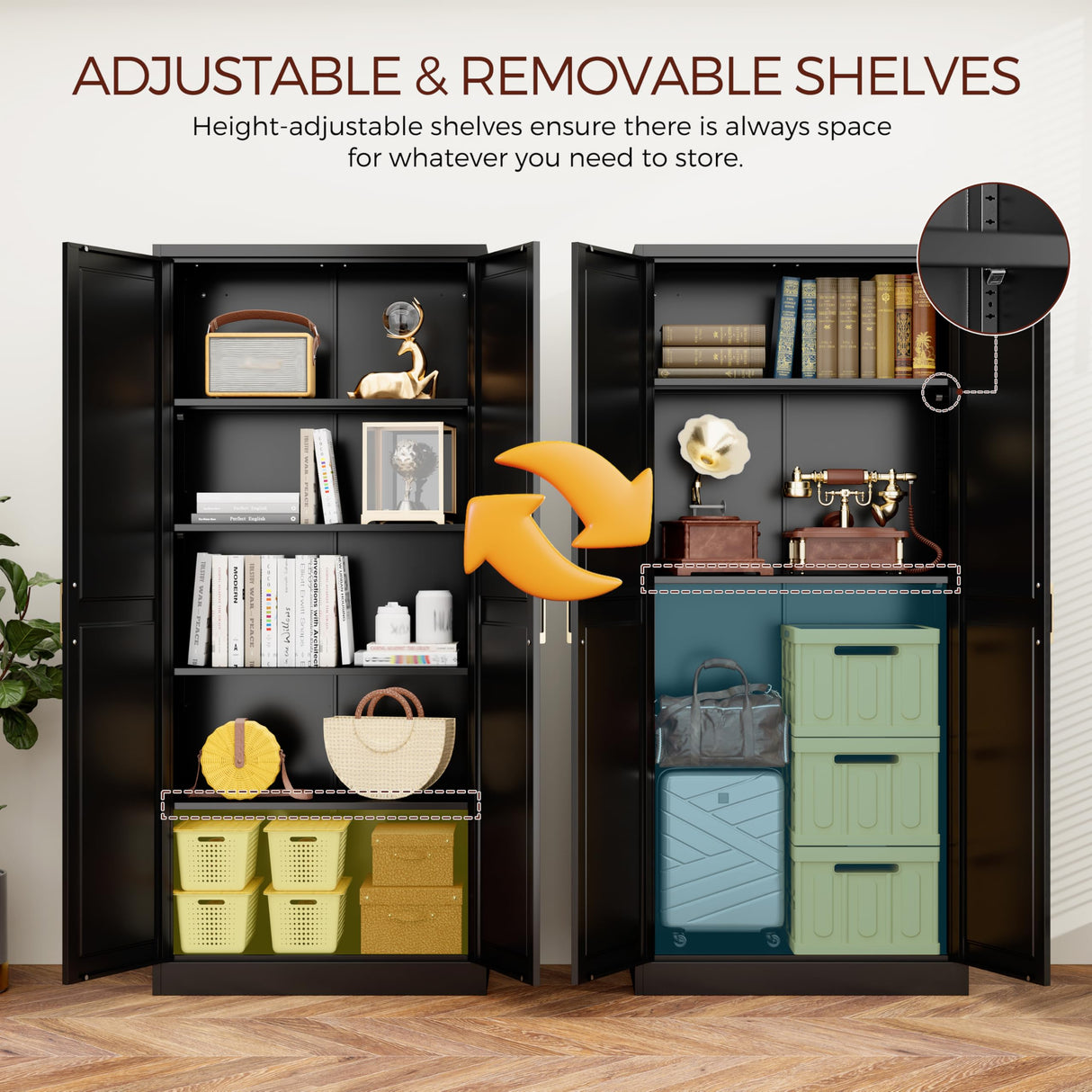 Kubohogar 71" Tall Metal Pantry Cabinet, Black Kitchen Pantry Storage Cabinet with 4 Adjustable Shelves and Gold Handles, Cupboard for Kitchen, Dining Room, Living Room, Bathroom Kubohogar