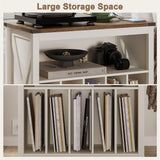 ChooChoo Large Record Player Stand with Charging Station & LED Light, Vinyl Record Holder hold up to 300 Albums, Farmhouse End Table for Bedroom, Living Room, Soft White ChooChoo