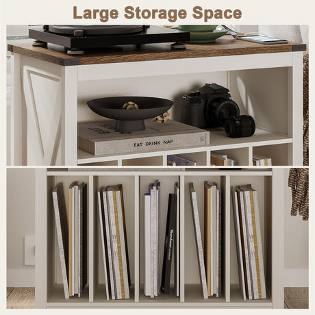 ChooChoo Large Record Player Stand with Charging Station & LED Light, Vinyl Record Holder hold up to 300 Albums, Farmhouse End Table for Bedroom, Living Room, Soft White ChooChoo