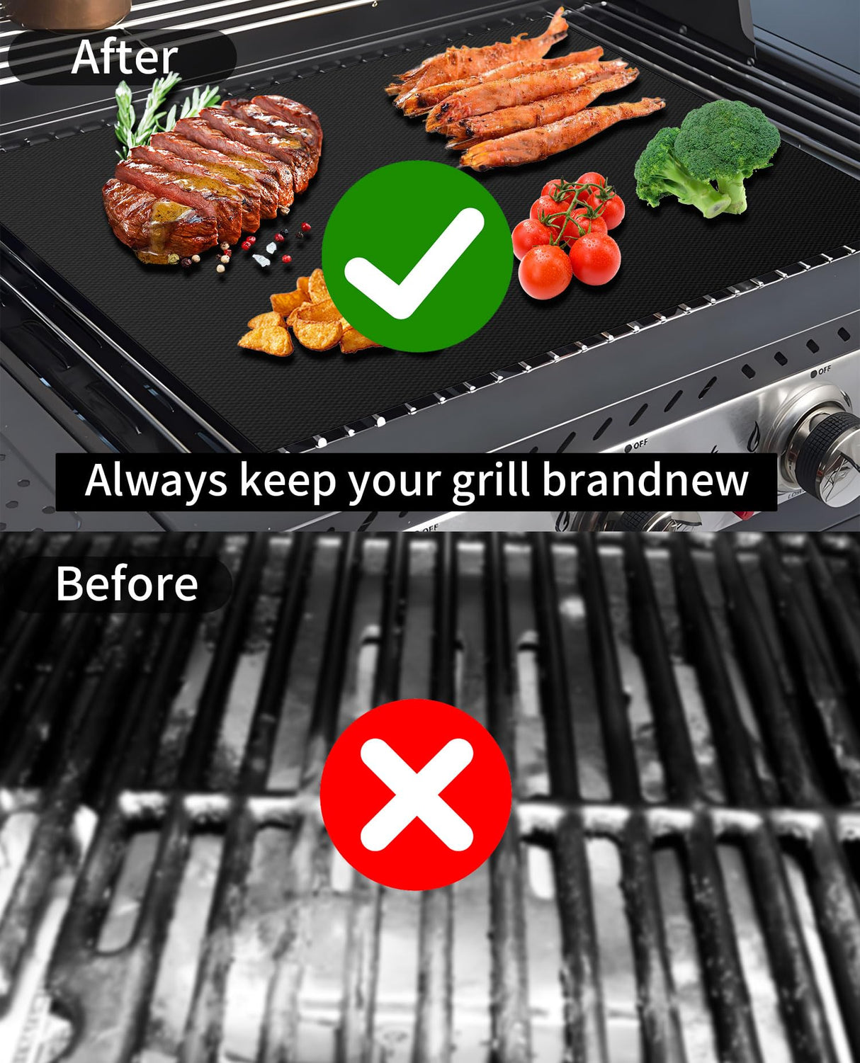 VCHOMY Grill Mats for Outdoor Grill Set of 6 - Nonstick Reusable Barbecue Matt Pad for BBQ Grilling Cooking (Black 6pcs) VCHOMY
