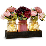 Nagobi Christmas Mason Jar Centerpiece Table Decor for Dining Room Farmhouse Coffee Table Decor with Wood Tray Fairy Lights Fake Flowers for Kitchen Living Dining Room - Burgundy Pink, 11 inches Nagobi