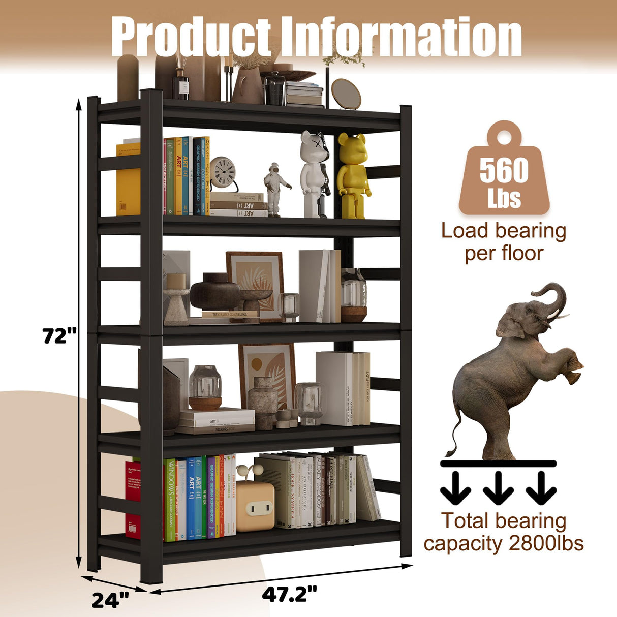 Tall Bookshelves, 72 Inch High Metal Bookshelf with Adjustable Shelves, Book Organizer and Bookcases, Book Shelves for Bedroom, Office, Living Room, Black Leariso