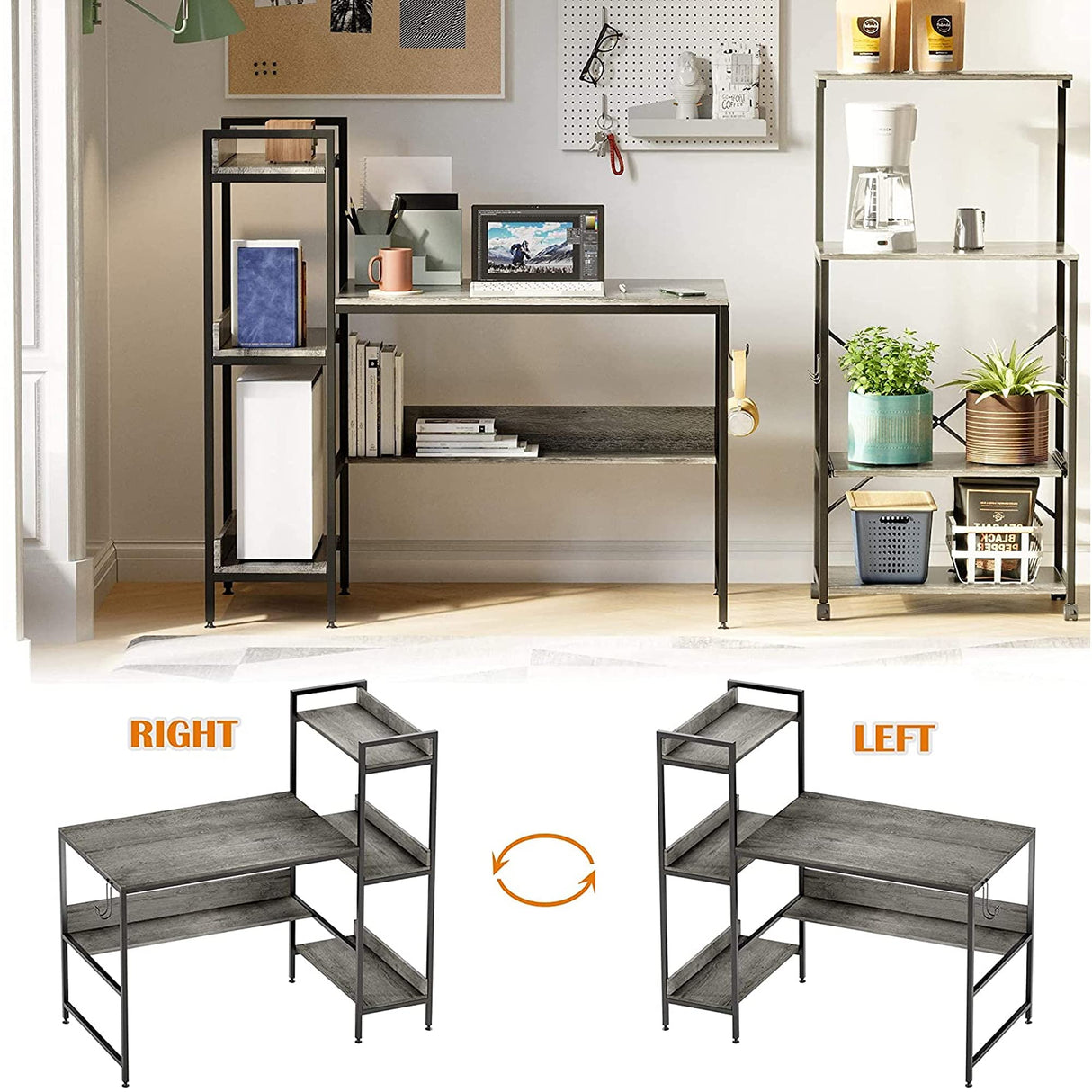 Bestier Computer Office Desk with Steel Frame, Reversible Book Shelves, Headphone Hook, Adjustable Feet, & Under Desk Storage, Grey Bestier