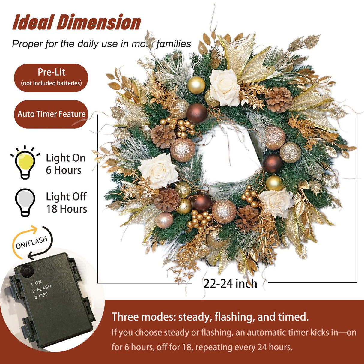 Christmas Wreaths for Front Door with Lights Pre-Lit, Soomeir 24“ Champagne Gold Door Wreath with Ball Ornaments, Battery Operated Holiday Thanksgiving Fall Winter Decor (Gold) Soomeir
