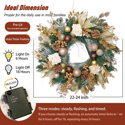 Christmas Wreaths for Front Door with Lights Pre-Lit, Soomeir 24“ Champagne Gold Door Wreath with Ball Ornaments, Battery Operated Holiday Thanksgiving Fall Winter Decor (Gold)