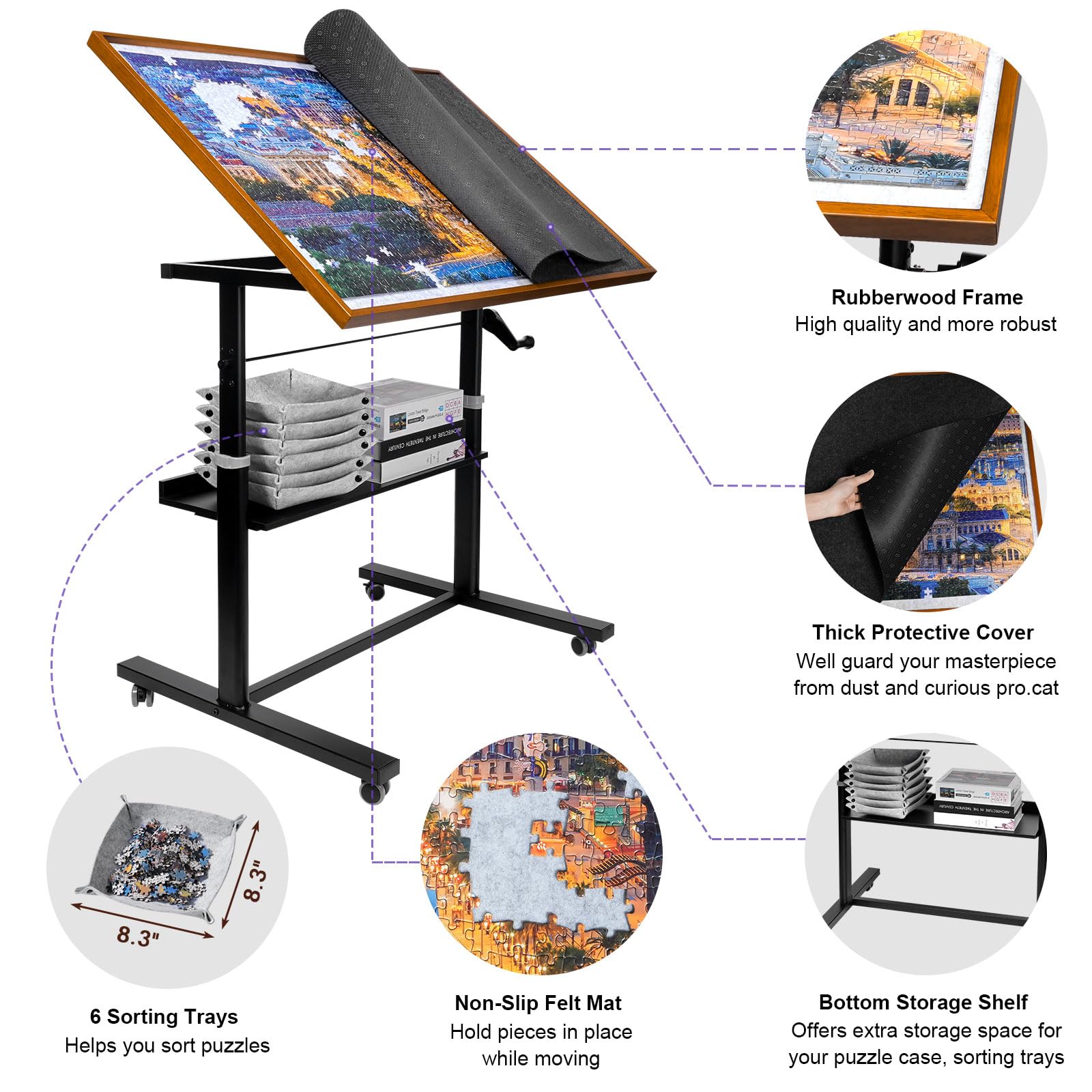 Sunix 1500 Pieces Jigsaw Puzzle Table with Legs, 36"x26" Adjustable Height Puzzle Board with Cover & 6 Sorter Tray, 12-Tilting-Angle Portable Wooden Puzzle Table for Adults, Enclosed with Whe - WoodArtSupply