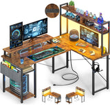 Besiost Small L Shaped Gaming Desk with Power Outlets, 48" Reversible L Shaped LED Computer Desk with Monitor Stand & Storage Shelf, Corner Gamer Desk Home Office Desk with Storage Bag, Rustic Brown Besiost