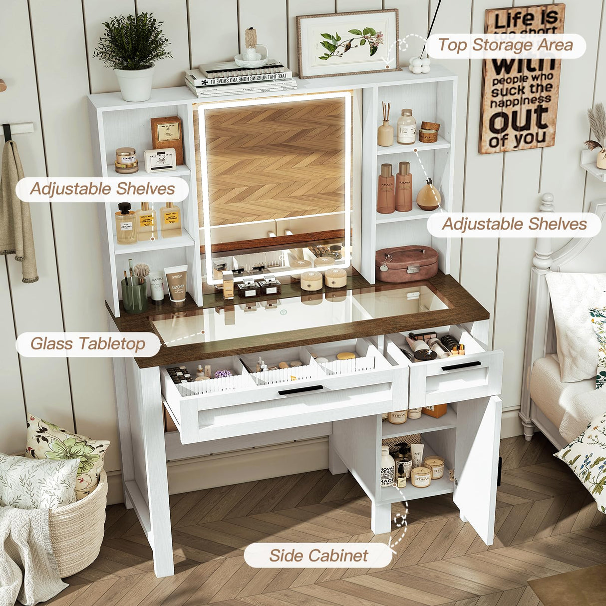 usikey Farmhouse Makeup Vanity Desk with Mirror and Lights, Glass Tabletop Makeup Vanity with Adjustable Shelves, Vanity Table Set with 2 Drawers and Side Cabinet for Bedroom, White usikey