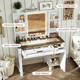 usikey Farmhouse Makeup Vanity Desk with Mirror and Lights, Glass Tabletop Makeup Vanity with Adjustable Shelves, Vanity Table Set with 2 Drawers and Side Cabinet for Bedroom, White usikey