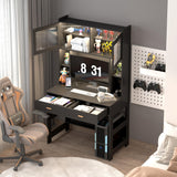 LVSOMT Home Office Desk with Hutch, Modern Computer Gaming Desk with LED Lights & Power Outlets, Black Study Table with Storage Shelves, Teen Writing Desk for Bedroom, 40'' W LVSOMT