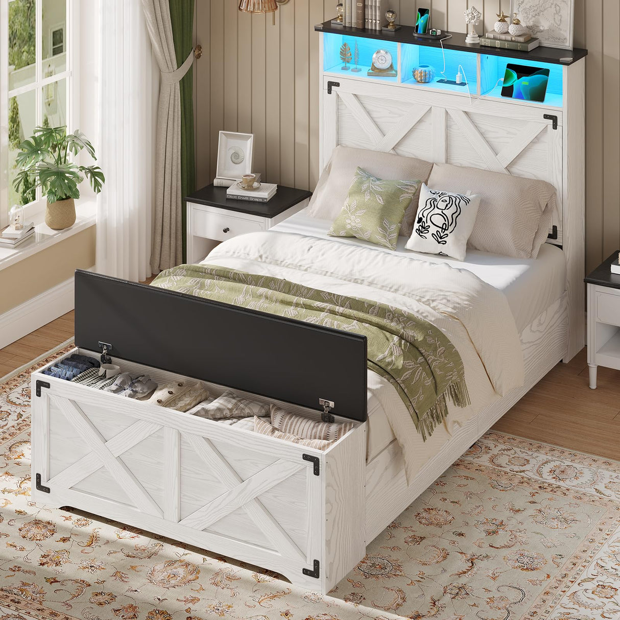 Hasuit Farmhouse Bed Frame Twin Size with Storage Headboard, Charging Station and LED Light, Wooden Twin Bed Frame with Storage Ottoman, Barn Door Design, No Box Spring Needed, No Noise (Walnut White) Hasuit