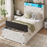 Hasuit Farmhouse Bed Frame Twin Size with Storage Headboard, Charging Station and LED Light, Wooden Twin Bed Frame with Storage Ottoman, Barn Door Design, No Box Spring Needed, No Noise (Walnut White) Hasuit