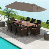 Tangkula 11 Pieces Patio Dining Set with 15ft Double-Sided LED Patio Umbrella (Base Included), Outdoor Rattan Furniture Set with 8 Stackable Chairs, Acacia Wood Dining Table and Umbrella (Coffee) Tangkula