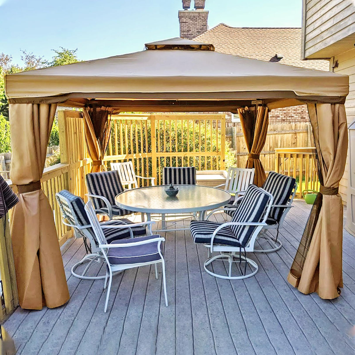 SUNCROWN 10 x 10 FT Outdoor Gazebo for Patio Iron Frame Garden Permanent Gazebo with Vented Soft Canopy and Mosquito Netting, Khaki SUNCROWN