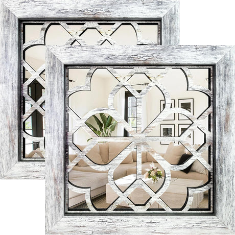 HMANGE Boho Wall Mirror Decor, Set of 2 Rustic Farmhouse Accent Mirror 12x12 Inch, Square Shatterproof Vintage Style Mirrors for Wall, Small Decorative Mirrors for Living Room, Bedroom(Grey) HMANGE