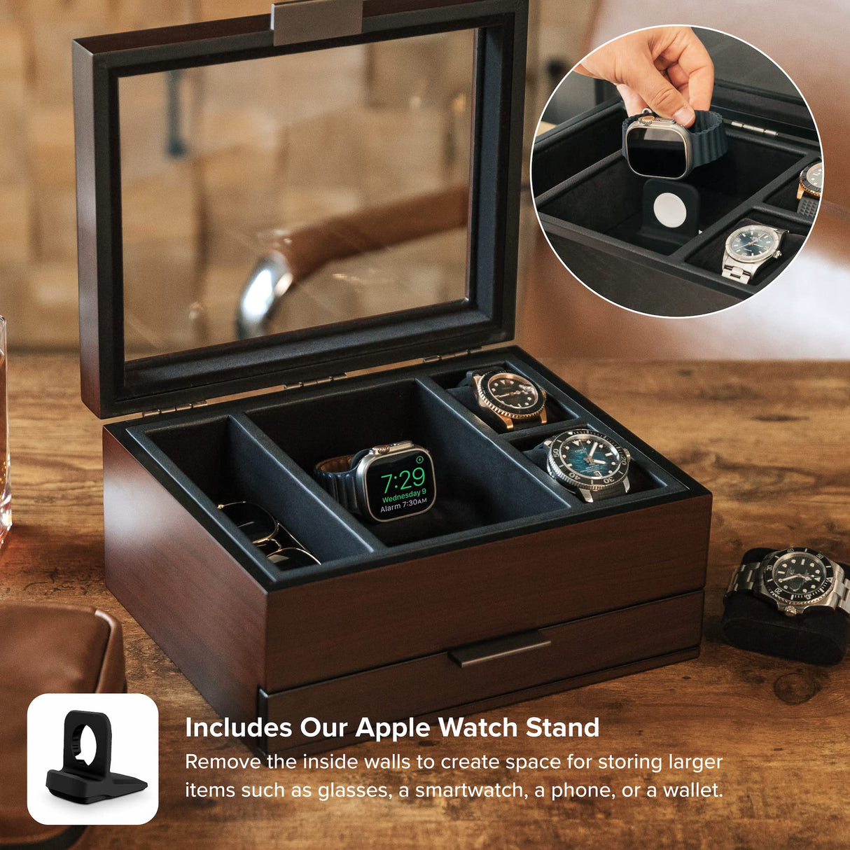 CASE ELEGANCE 8 Slot Watch Box Case Organizer for Men, Cherry Wood Walnut Finish, Watch Display Case, Modular Valet Tray, Apple Watch Compatible with Apple Watch Stand, Accessory Drawer, Pillow Stands CASE ELEGANCE