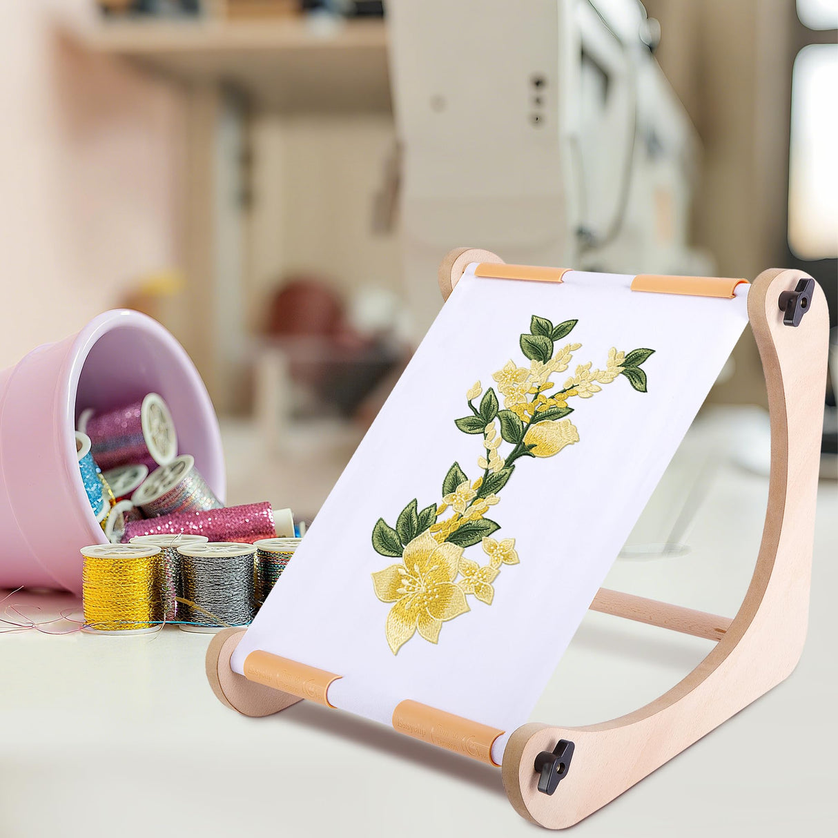 codree Adjustable Embroidery Table Stand, Wood Embroidery Hoop Holder, Hands-Free Cross Stitch Scroll Frame Needlepoint Stand for Lap or Table Top Stitching Sewing Supplies Craft Tool codree
