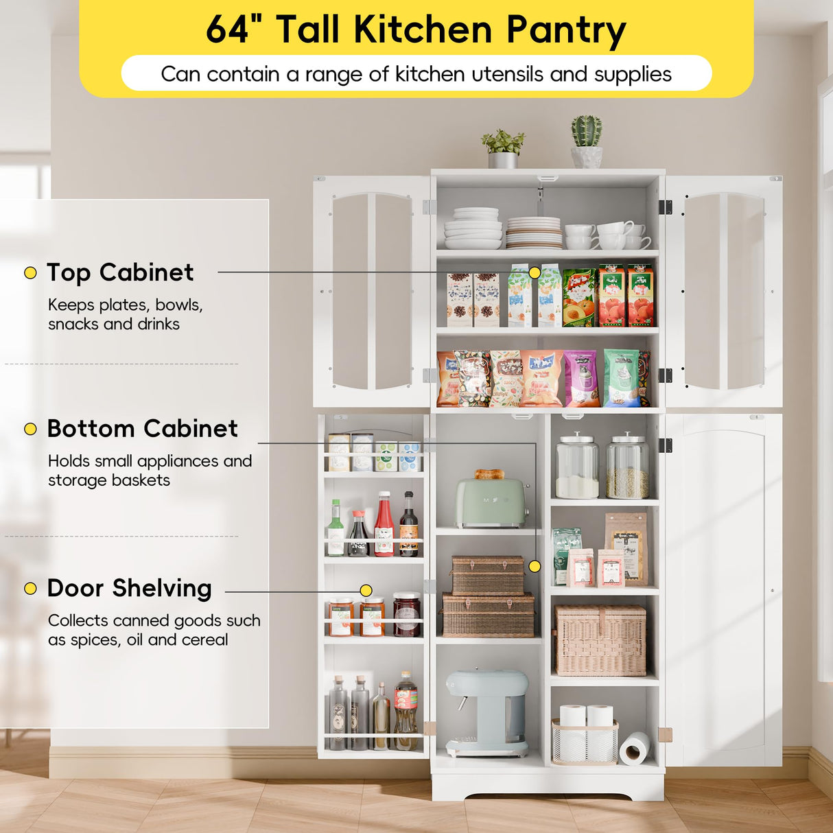 TOLEAD 64" Pantry Cabinet, Tall Storage Cabinet With Glass Doors & Adjustable Shelves for Kitchen, Living Room, Dining Room, White TOLEAD