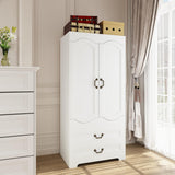 Janmer Home Armoire Wardrobe Closet with 2 Drawers, Tall Wooden Wardrobe Closet with 2 Doors and Hanging Rail, Free Standing White Armoire for Bedroom (Retro, White) Janmer Home