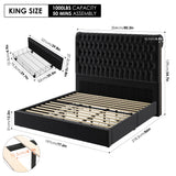 King Size Bed Frame 55" Tall Headboard with Gorgeous Button Tufted and Nail, Velvet Fabric Upholstered Bed Frame includes 4 Under-bed Storage Drawers, Wooden Slats, Noise-Free, Easy Assembly, Black Keyluv