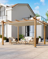 10x13 Ft Outdoor Retractable Pergola Aluminium Pergola Canopy with Adjustable Roof, Upgraded Faux Wood Grain Modern Metal Patio Gazebo for Deck, Backyard Garden, Porch, Grape Trellis, Beige GustoWave