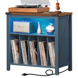 Joaxswe Large Record Player Table with Charging Station & LED Lights, Blue Vinyl Record Storage Cabinet Holds up to 230 Albums, Turntable Stand with Display Shelf for Music Room Bedroom Living Room Joaxswe