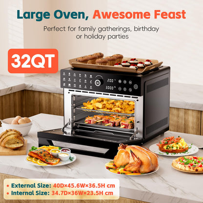 32QT Extra Large Air Fryer, Toaster Oven Air Fryer Combo, 360°Hot Air Circulation for Healthier Food, 1800W Preset Dual Cook, 13"Pizza Cooking, 20-in-1 Double-Rack Oven, 7-Accessory, Transparent Door