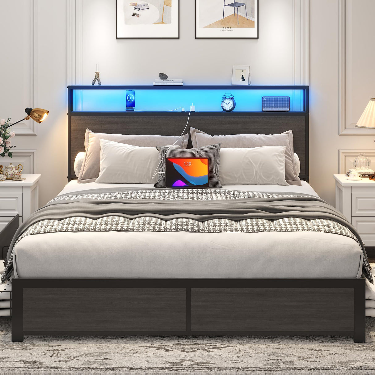Lifezone Queen Bed Frame with 2-Tier Storage Headboard, Metal Platform Bed Frame with 4 Storage Drawers, Built in Charging Station & LED, Noise-Free/Metal Support/No Box Spring Needed, Rustic Grey Lifezone