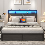 Lifezone Queen Bed Frame with 2-Tier Storage Headboard, Metal Platform Bed Frame with 4 Storage Drawers, Built in Charging Station & LED, Noise-Free/Metal Support/No Box Spring Needed, Rustic Grey Lifezone