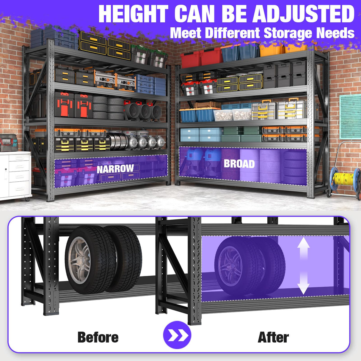 8000LBS Garage Shelving Heavy Duty, 5-Tier 71" H Storage Garage Shelves, Industrial Adjustable Metal Shelving Units for Garages, Warehouses, Kitchen, Black, 59" W x 24" D x 71" H Koestem