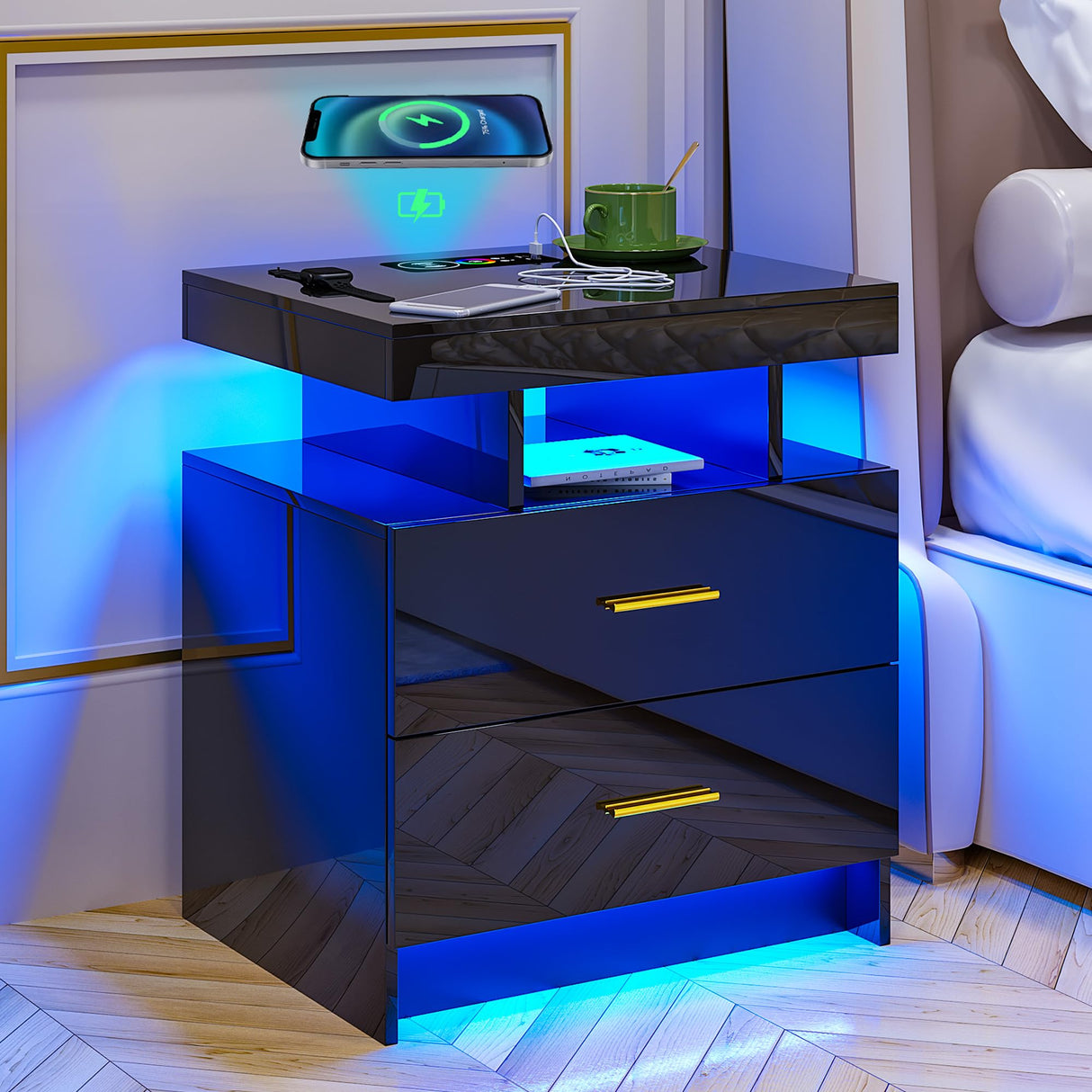 HNEBC LED Nightstand, RGB Black Night Stand with USB/Wireless Charging Station, Modern Bedside Table has Auto Sensor RGB Lights, End Side Table with 2 Drawer for Bedroom Furniture, Black HNEBC