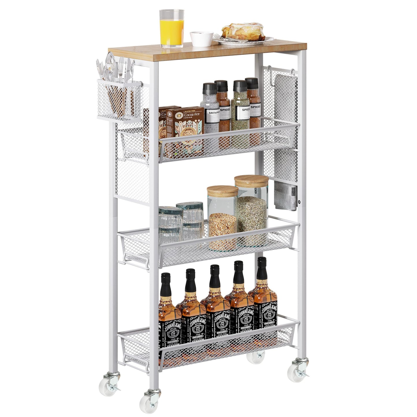 YITAHOME 4-Tier Slim Rolling Cart, Kitchen Cart with Wheels, Storage Cart with Wooden Tabletop and Mesh Baskets, Mobile Utility Cart for Narrow Space